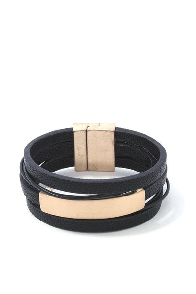 Metal Bar Pu Leather Wrap Magnetic Bracelet