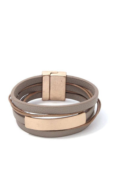 Metal Bar Pu Leather Wrap Magnetic Bracelet