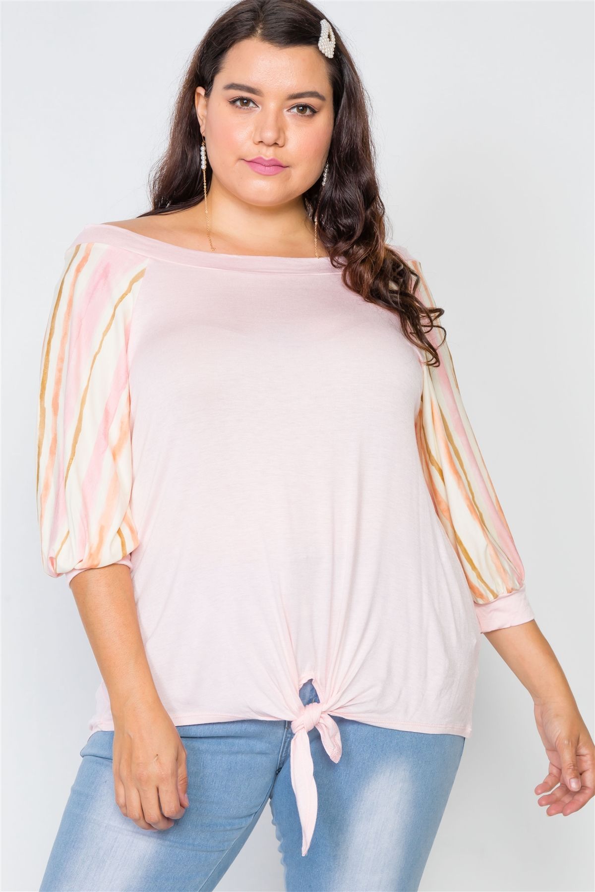 Plus Size Pink Scoop-neck 3/4 Sleeve Top