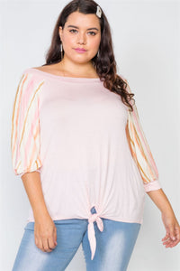 Plus Size Pink Scoop-neck 3/4 Sleeve Top