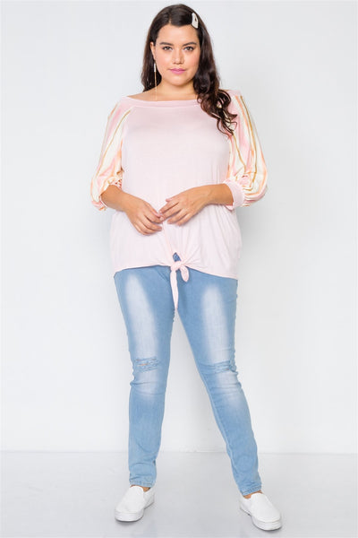 Plus Size Pink Scoop-neck 3/4 Sleeve Top