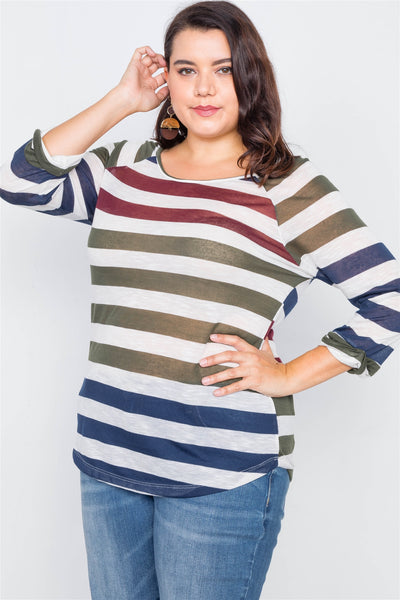 Plus Size Sheer Stripe Round Neck Top
