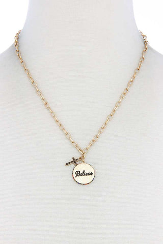 Believe Engrave Metal Circle Pendant Necklace