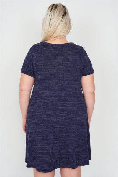 Plus Size Flare Casual Cuffed Short Sleeve Mini Shirt Dress