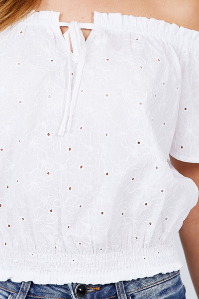 Short Sleeve Off The Shoulder Front Tie Detail Smocked Hem Eyelet Lace Woven Top