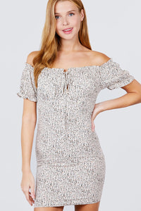 Short Sleeve Off The Shoulder All Over Smocked Print Woven Mini Dress