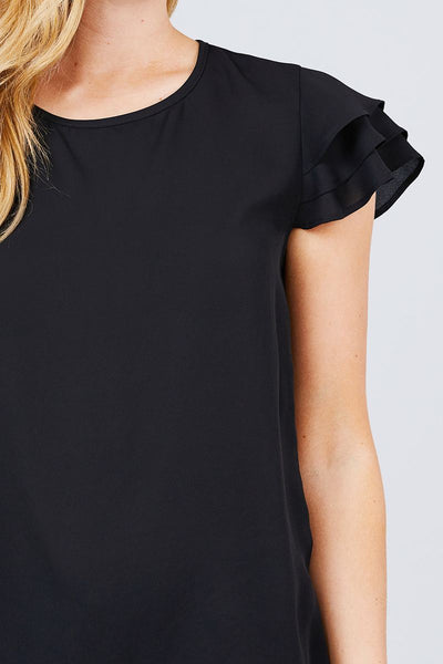 Short Cap Ruffle Sleeve Round Neck Woven Top