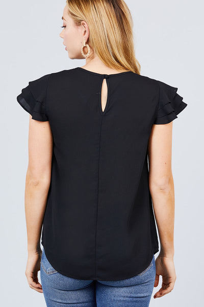 Short Cap Ruffle Sleeve Round Neck Woven Top