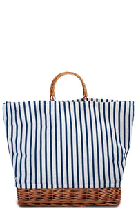 Natural Woven Straw And Striped Fabric Tote Bag