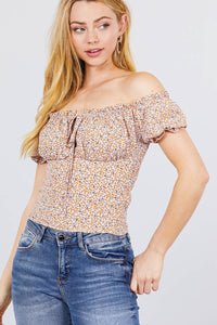 Short Sleeve Off The Shoulder Back Smocked Print Woven Top