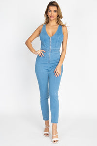 Zip Front V Neck Denim Jumpsuit