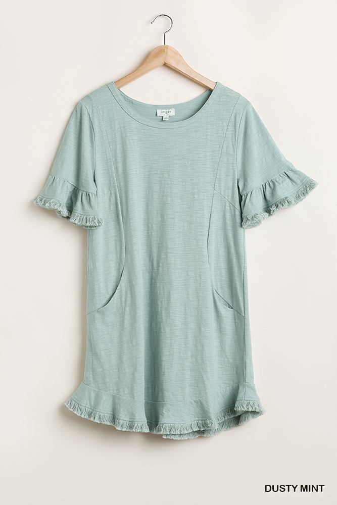 Short Ruffle Frayed Hem And Round Neck Dress With Pockets