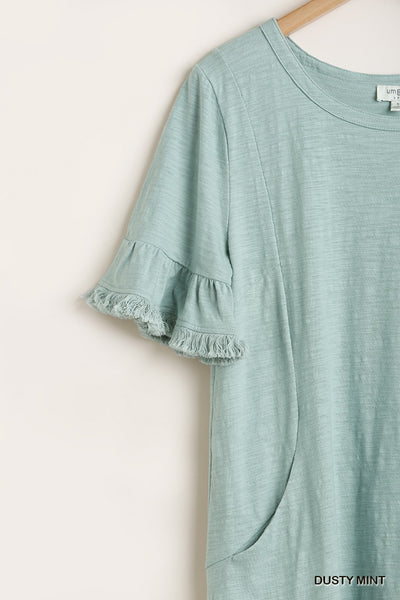 Short Ruffle Frayed Hem And Round Neck Dress With Pockets