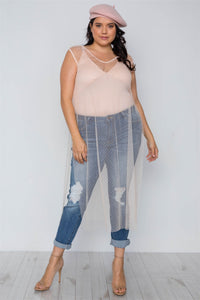 Plus Size Beige Dotted Mesh Cover Up With Bodysuit Set