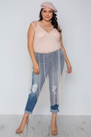 Plus Size Beige Dotted Mesh Cover Up With Bodysuit Set
