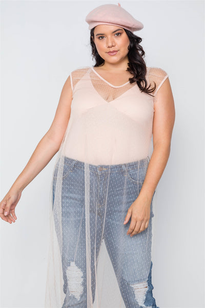 Plus Size Beige Dotted Mesh Cover Up With Bodysuit Set