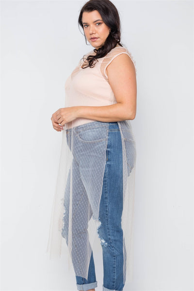 Plus Size Beige Dotted Mesh Cover Up With Bodysuit Set