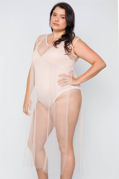 Plus Size Beige Dotted Mesh Cover Up With Bodysuit Set