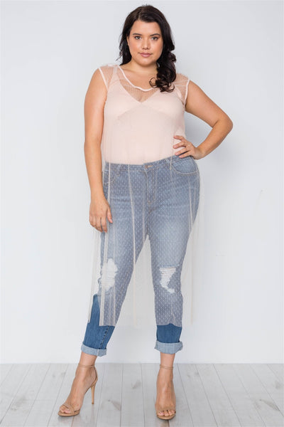 Plus Size Beige Dotted Mesh Cover Up With Bodysuit Set