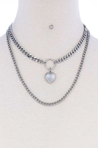 Stylish Double Chain Heart Pendant Necklace And Earring Set