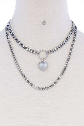 Stylish Double Chain Heart Pendant Necklace And Earring Set