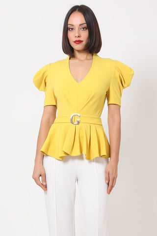 Draped Puff Shoulder Fashion Top With G Buckle Detail