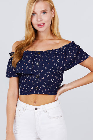 Off The Shoulder W/ruffle Button Down Back Smocked Detail Printed Woven Top