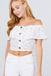 Off The Shoulder W/ruffle Button Down Back Smocked Detail Printed Woven Top