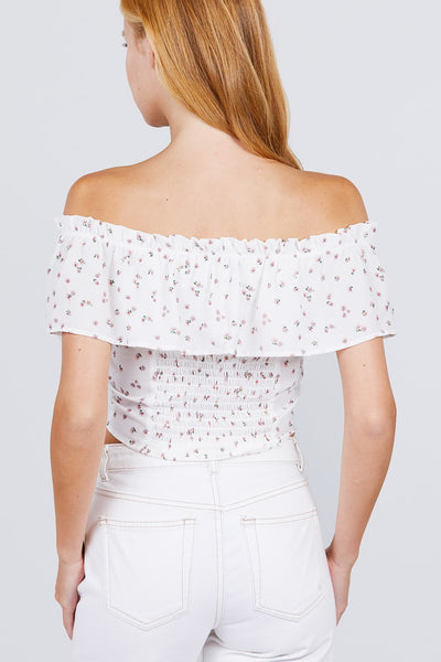 Off The Shoulder W/ruffle Button Down Back Smocked Detail Printed Woven Top