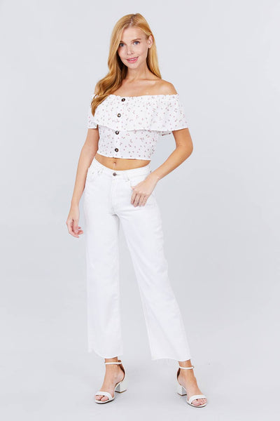 Off The Shoulder W/ruffle Button Down Back Smocked Detail Printed Woven Top