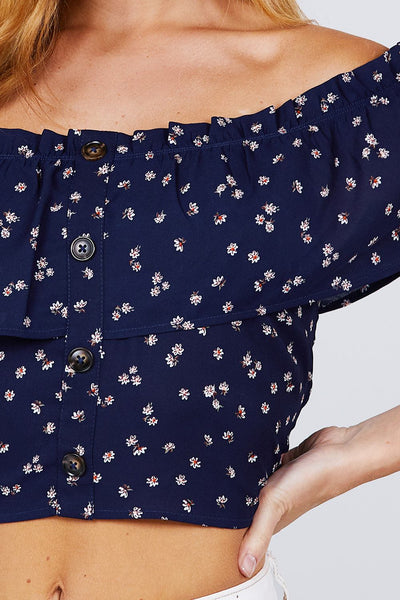 Off The Shoulder W/ruffle Button Down Back Smocked Detail Printed Woven Top