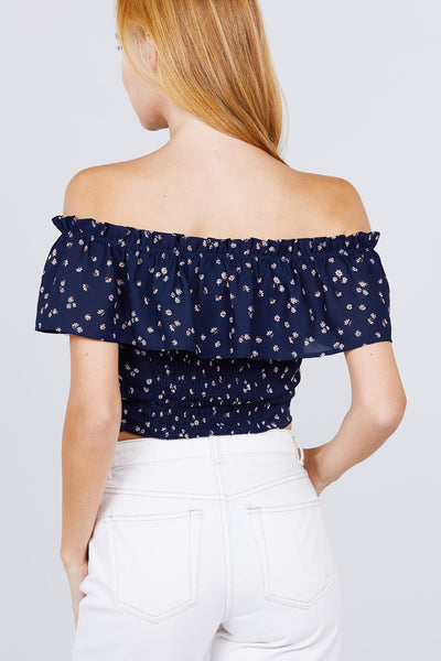 Off The Shoulder W/ruffle Button Down Back Smocked Detail Printed Woven Top