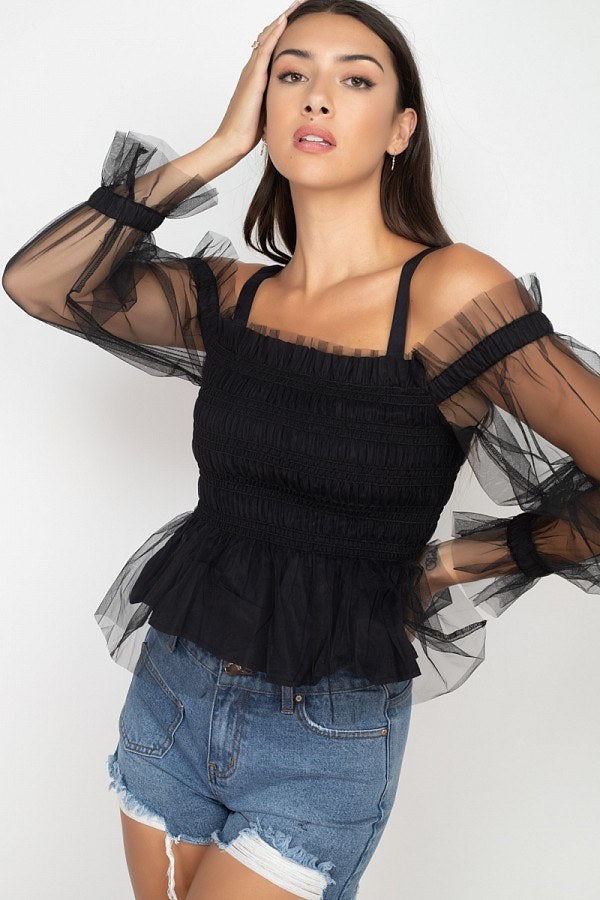 Sheer Mesh Open Shoulder Top