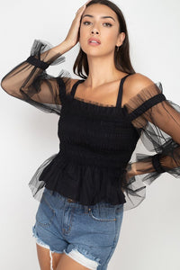Sheer Mesh Open Shoulder Top