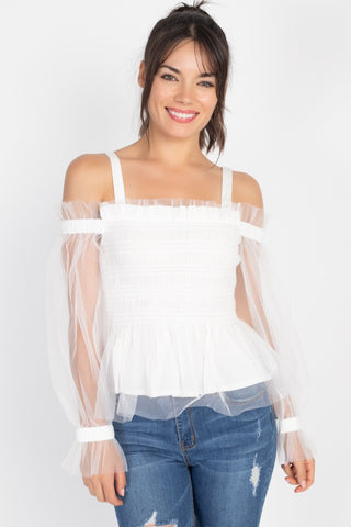 Sheer Mesh Open Shoulder Top