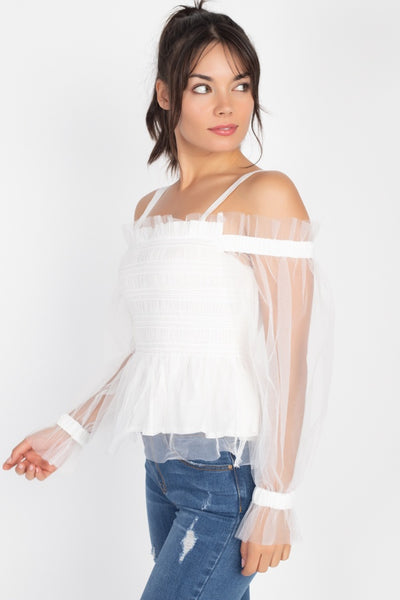 Sheer Mesh Open Shoulder Top