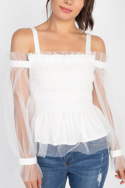 Sheer Mesh Open Shoulder Top