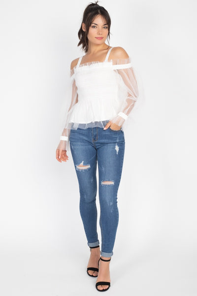 Sheer Mesh Open Shoulder Top