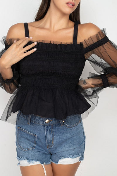 Sheer Mesh Open Shoulder Top