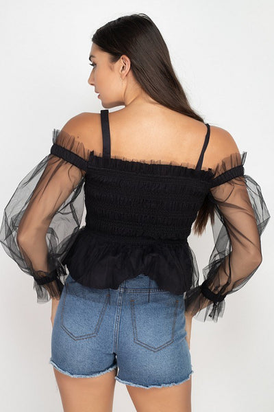 Sheer Mesh Open Shoulder Top