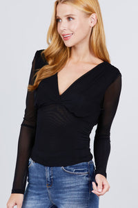 Long Sleeve V-neck Surplice Waist Shirring Detail Mesh Top