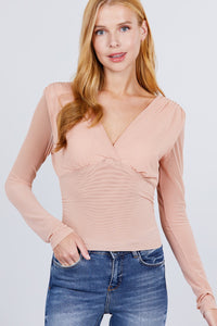 Long Sleeve V-neck Surplice Waist Shirring Detail Mesh Top