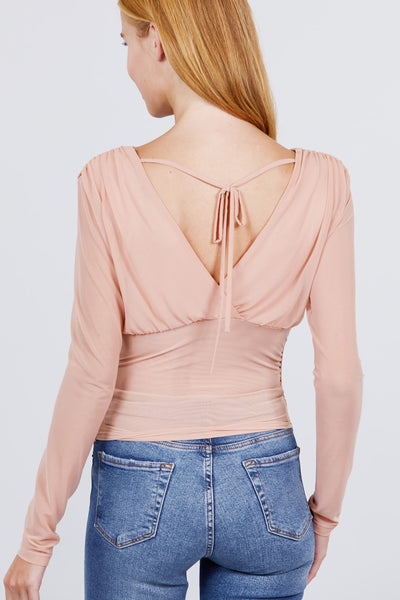 Long Sleeve V-neck Surplice Waist Shirring Detail Mesh Top