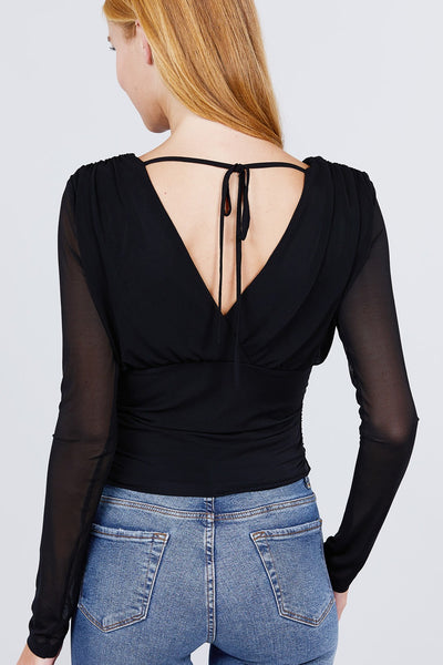 Long Sleeve V-neck Surplice Waist Shirring Detail Mesh Top