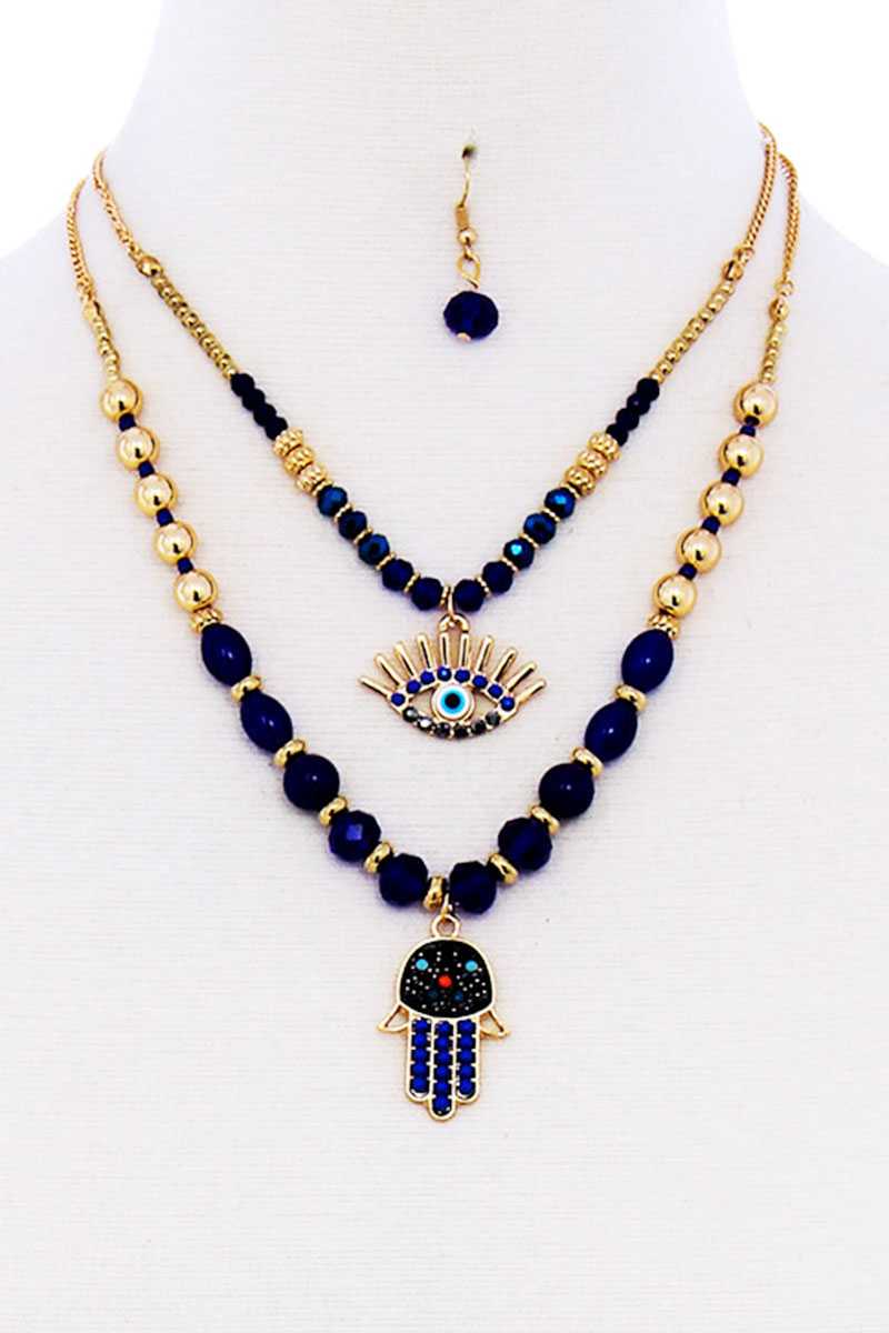 Double Layer Hamsa And Evil Eye Pendant Necklace And Earring Set