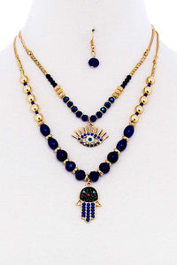 Double Layer Hamsa And Evil Eye Pendant Necklace And Earring Set