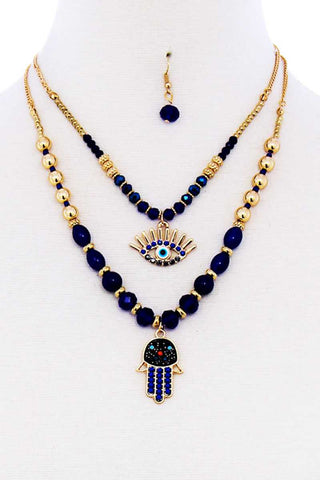 Double Layer Hamsa And Evil Eye Pendant Necklace And Earring Set