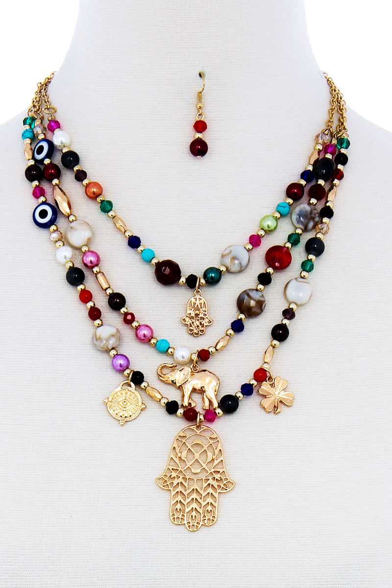 Multi Bead And Hamsa Hand Pendant Necklace