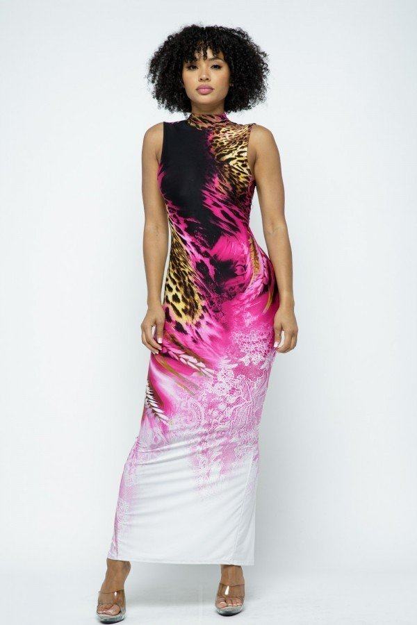 Mock Neck Back Open Body Con Maxi Dress With Mask
