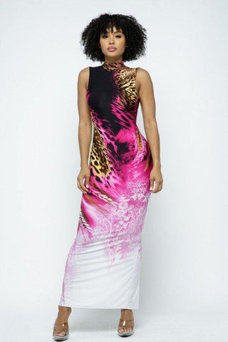 Mock Neck Back Open Body Con Maxi Dress With Mask